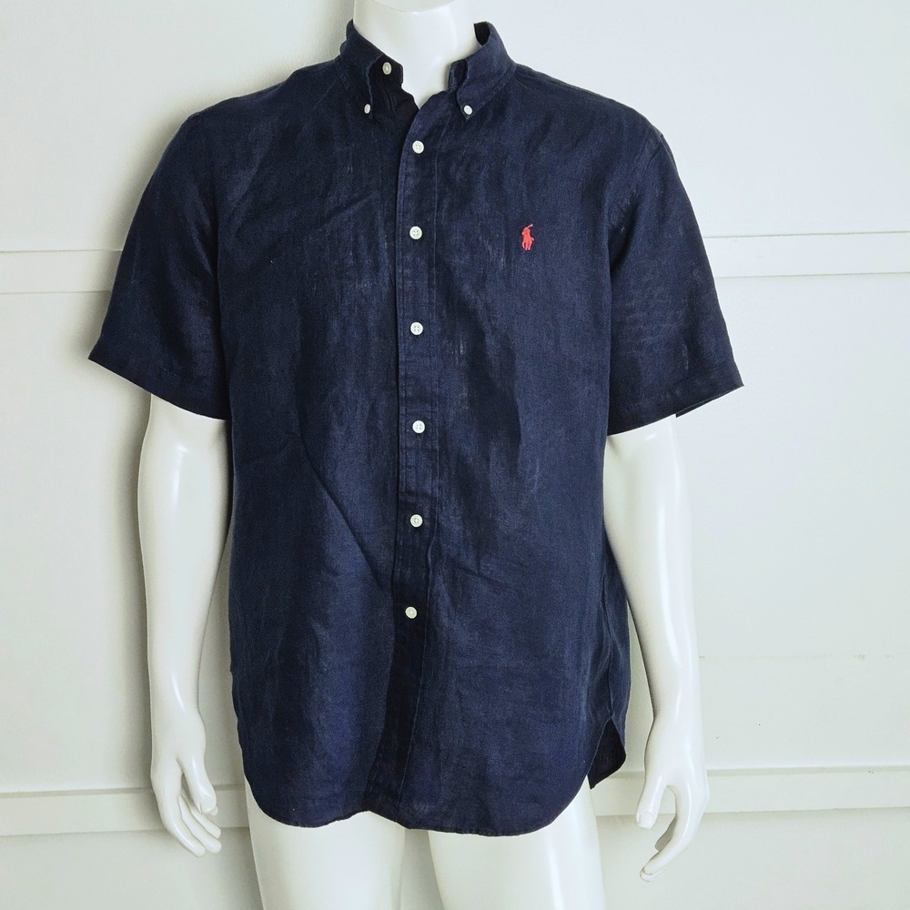 Polo Ralph Lauren Mens Navy Blue 100% Linen Short Sleeve Button Down Shirt L